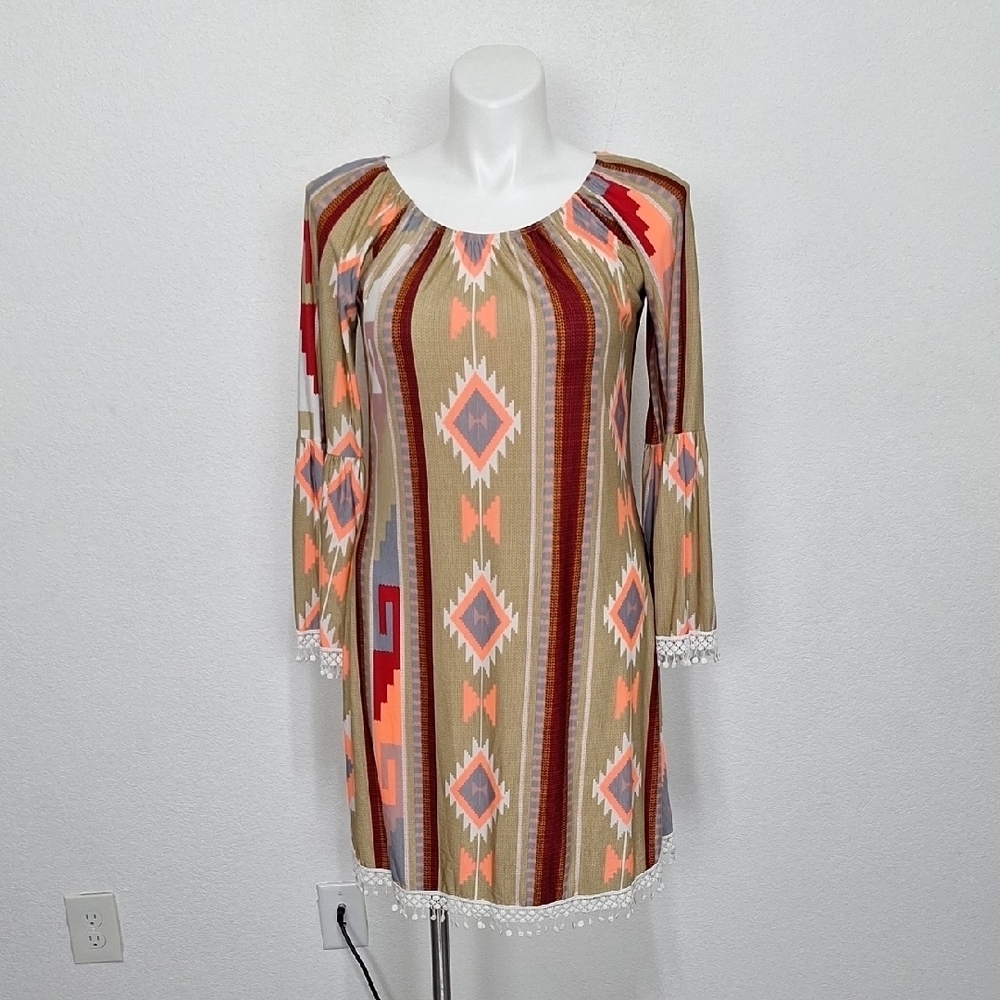 2B Together Boho Tribal Print Aztec Southwestern Western Bell Sleeve Dress Sz, L